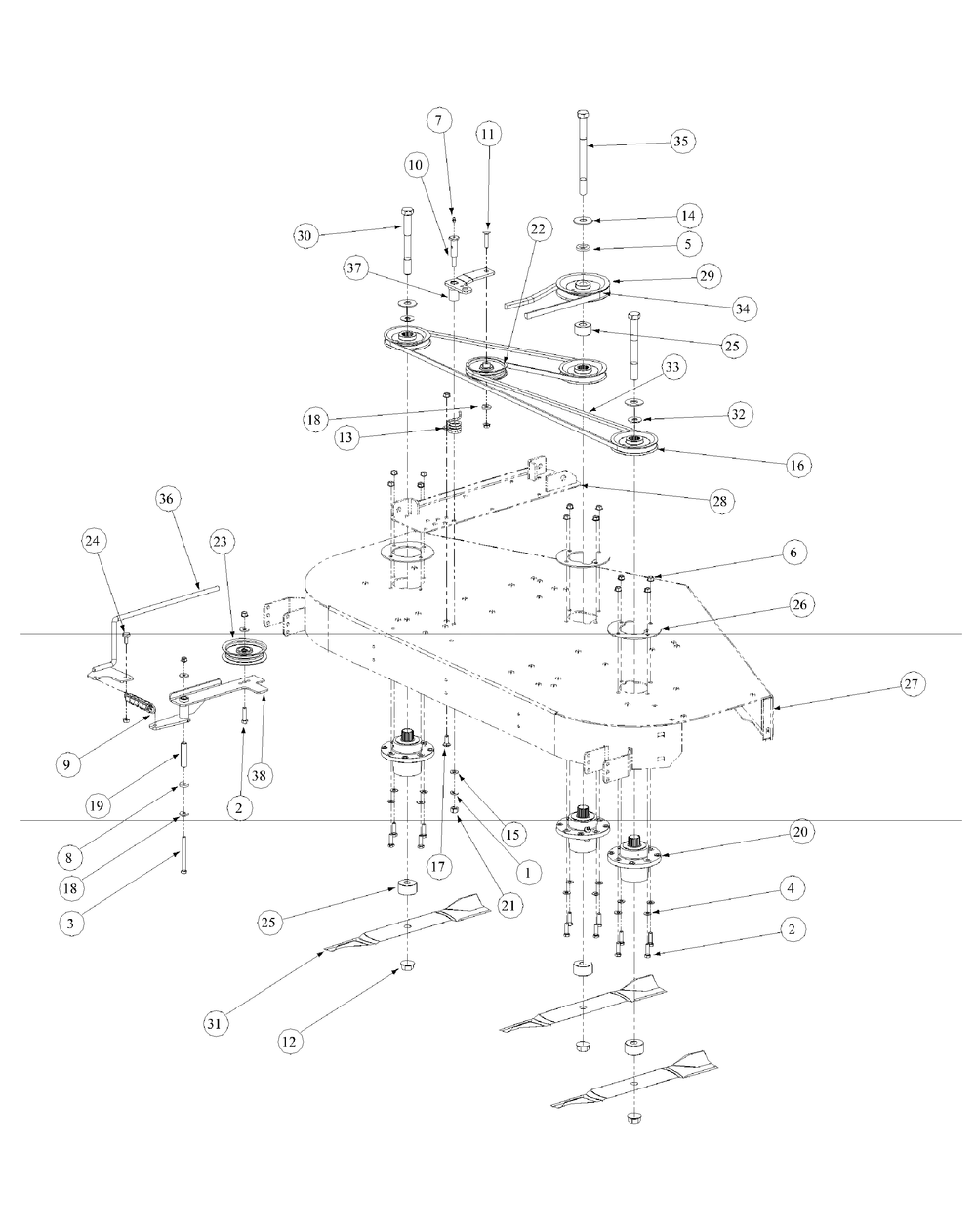 Fabricated Deck Spindle Assembly Diagram and Parts List for M60-KH 53AB5BAX150-25-HP Cub Cadet Lawn Tractor